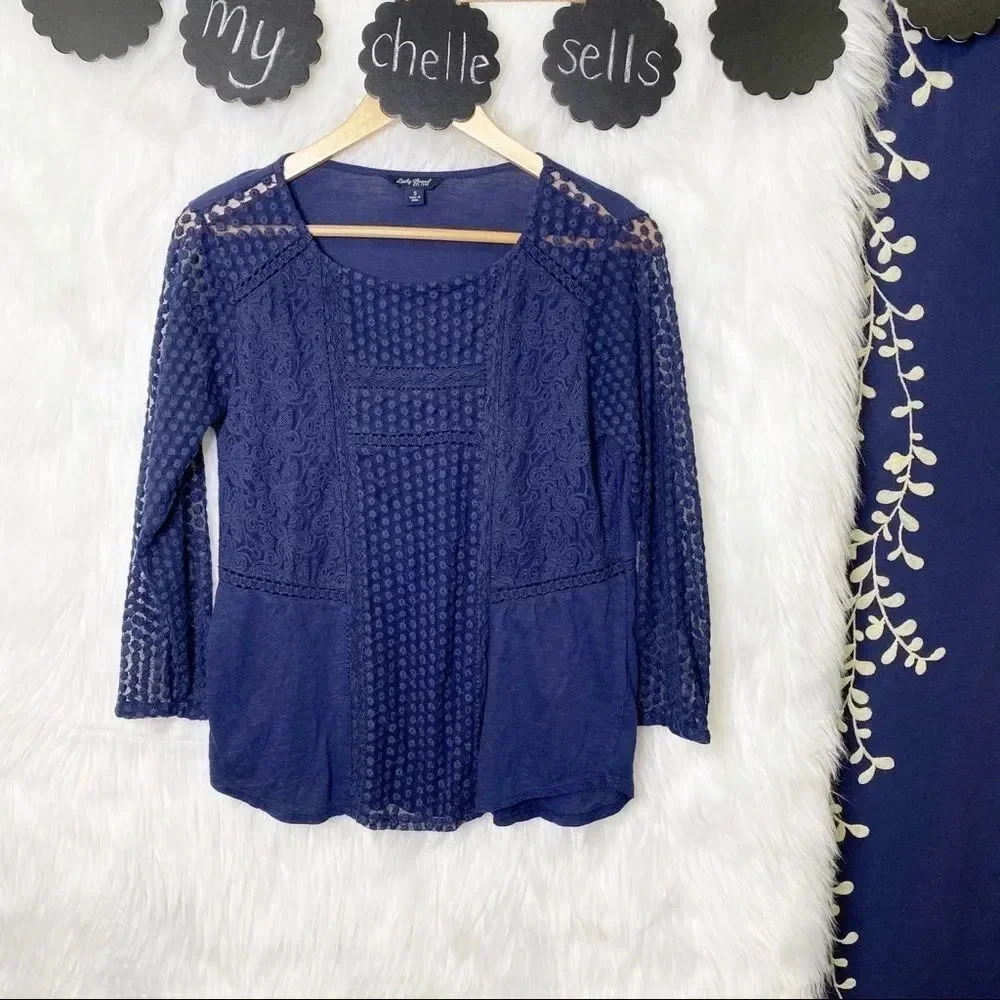 LUCKY BRAND Boho‎ Sheer Polka Dot Panel Blouse